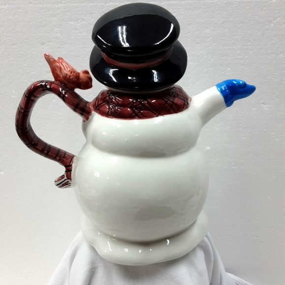 Vintage Happy Snowman With Bird Plaid Scarf Ceramic Teapot Potter & Smith - Picture 6 of 10